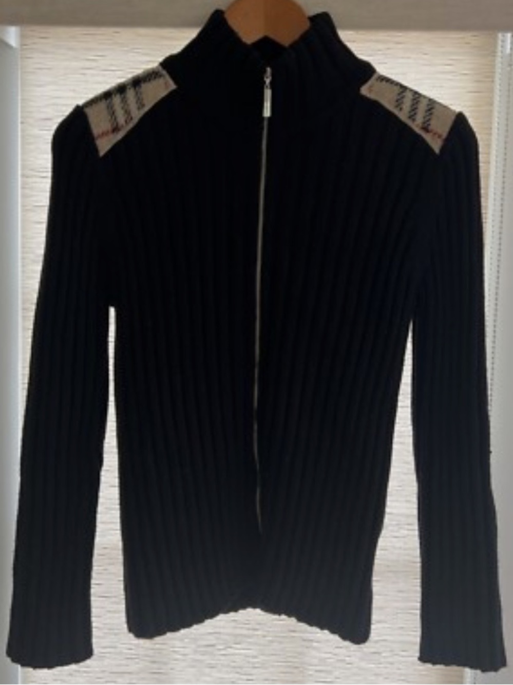 Burberry Black Ribbed Zip Merino Wool Sweater with Signature Plaid Shoulder Arms